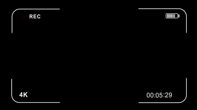 4k camera recording overlay with digital viewfinder interface, real-time timecode, battery status indicator, and blinking red rec symbol for cinematic production and media editing projects