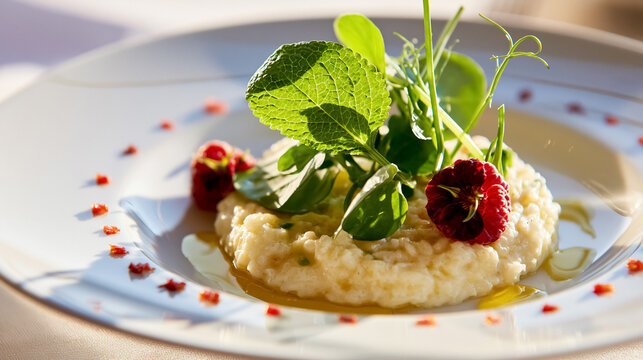 Gourmet risotto dish on a white plate, garnishing with fresh herbs, edible flowers, and raspberries in fine dining setting
