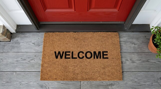 Coir door mat with welcome text placed on wooden porch floor in front of red entrance door, entrance