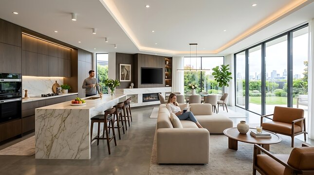 Modern open concept kitchen and living room interior with a large island and luxury furniture in a bright home