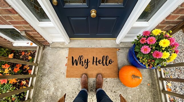High angle view of person wearing boots standing on front porch doormat reading why hello