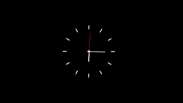 Minimalist analog wall clock face with moving hands isolated on black background, representing time passing, deadlines, efficiency, and precise scheduling for business presentations