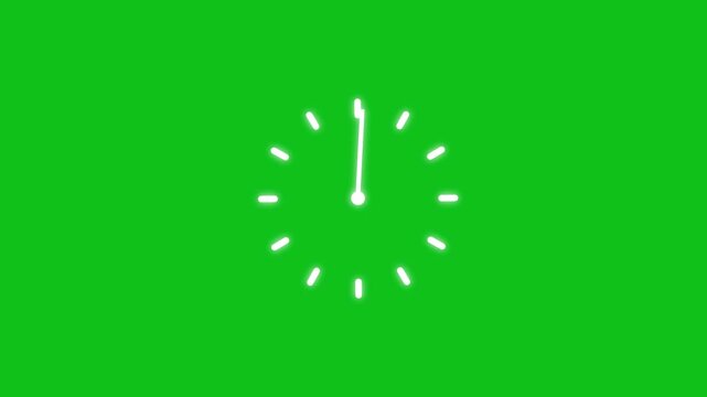 Minimalist white neon analog clock face rotating on a solid green screen background, for easy chroma, key compositing and, motion integration in, digital media projects, and presentations