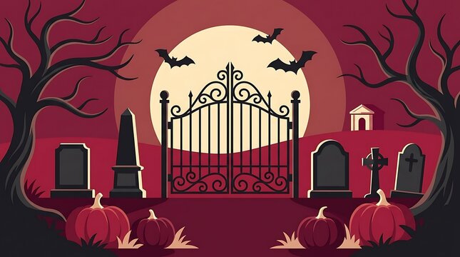 Halloween graveyard gates background with red full moon, halloween