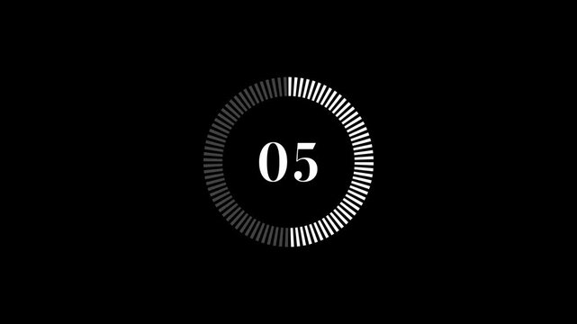Minimalist digital countdown timer featuring a sleek circular progress bar with white serif numbers on a deep black background, for broadcast intros, event transitions, and, cinematic sequences