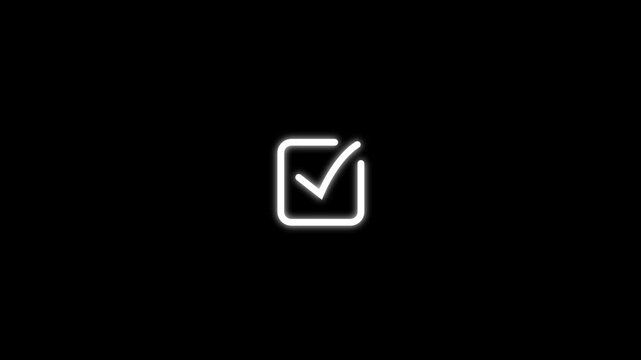 Minimalist glowing white neon checkmark animation isolated on a deep black background, for modern user, interface digital task, completion, success confirmation, and interactive web