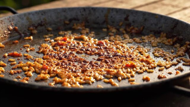 Spanish paella rice sizzling in a traditional pan as toasted grains and tomato seasoning develop a rich crust during outdoor cooking