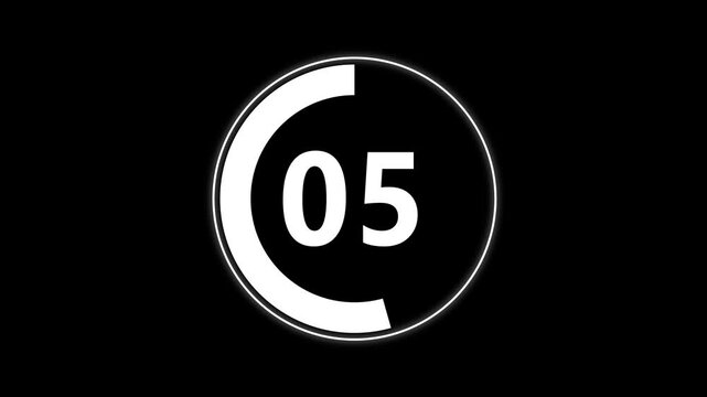 Minimalist digital countdown timer featuring a sleek white circular progress bar and bold sans-serif numbers on a deep black background, for broadcast transitions, and motion projects