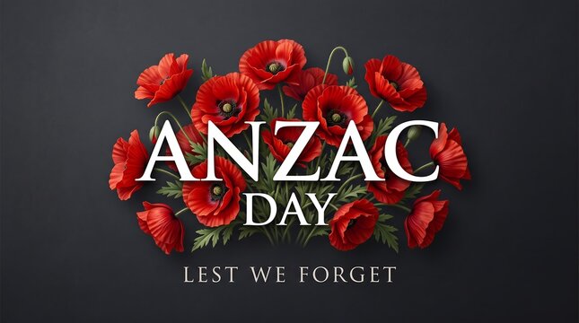 Anzac day remembrance with vibrant red poppies and bold text overlay