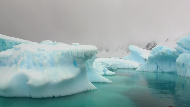 Massive glaciers glow with crystal blue hues as they float silently in the freezing polar morning.