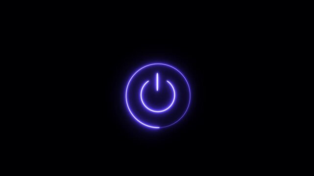 Glowing neon power button symbol animation with circular loading progress bar effect in vibrant electric blue light isolated on a solid black background, for digital interface, and technology concepts