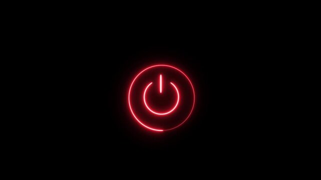 Glowing red neon power button symbol pulsing on a deep black background, minimalist digital interface for technology, startup launch, energy concepts, and modern electronic system activation
