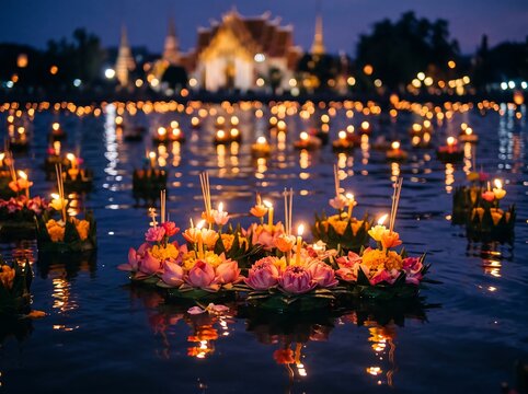 Floating lanterns on water reflecting temple lights during loy krathong festival