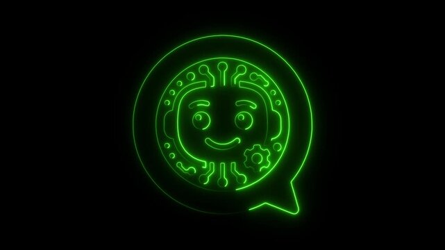 Green neon robot face inside a speech bubble icon