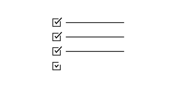 Minimalist animated checklist with checkmark appearing in square boxes on a clean white background, for business task, management, project planning, productivity, and to-do, list concepts