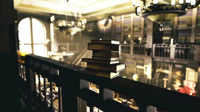 Pile of reference books on railing, blurred academic hall below suggests active research hub, foreground shows worn spines and margin notes, mood conveys