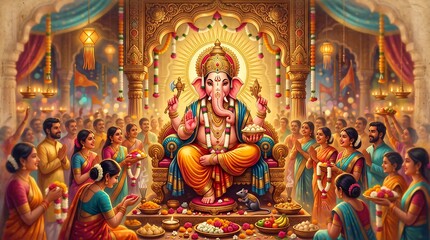 Fototapeta premium Elaborate hindu ganesh idol with devotees during a vibrant religious ceremony