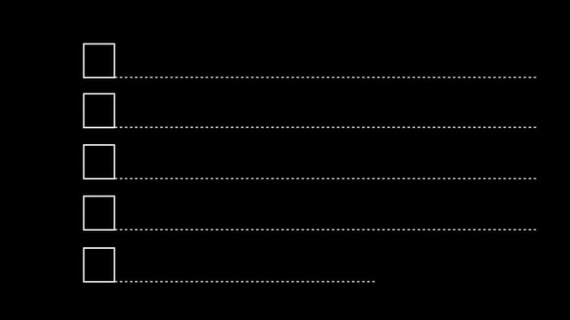 Minimalist animated checklist with red checkmarks appearing in white boxes on a clean black background, task management, project completion, productivity tracking, and business workflow