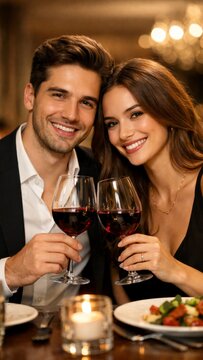 Romantic dinner couple toasting red wine in elegant restaurant for date night celebration background and hospitality banner