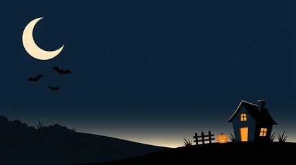Fototapeta premium Creepy halloween night scene with crescent moon and glowing house