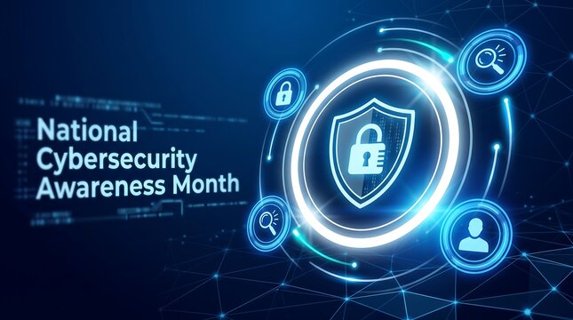 National cybersecurity awareness month illustration with digital shield and lock