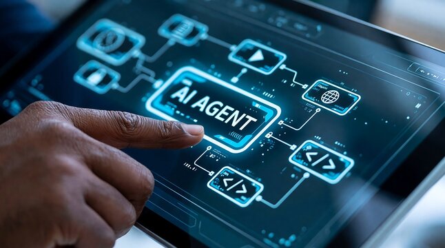 Finger touching digital tablet screen displaying AI agent workflow and technological process icons.
