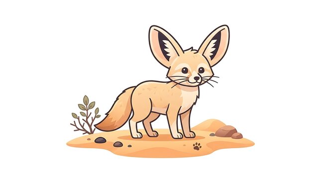 Cute cartoon fennec fox illustration set, desert mammal mascot, big ears, sandy background, brown fur texture, isolated animal character design