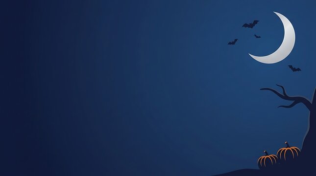 Halloween night crescent moon pumpkins and bats illustration