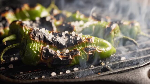 Spanish cuisine concept showing green peppers being salted, grilled, smoked, and charred on a hot cooking grate