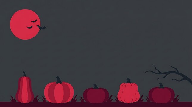 Halloween pumpkins lineup against dark night sky and red moon