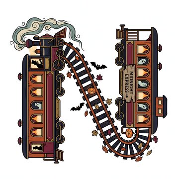 Letter n shaped train and railway tracks with ghosts and autumn leaves pixel art