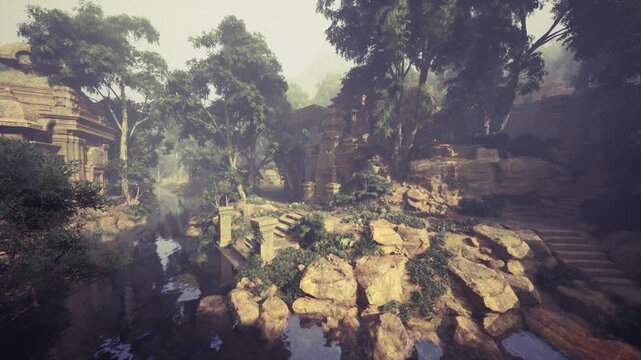 Sunlit mossy riverbend among ancient ruins, shallow pool reflecting stone terraces, dense canopy framing scene, soft mist rising from water, tranquil