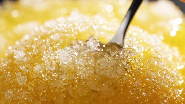 Closeup spoon stirring bubbling golden syrup through three stages of Spanish dessert preparation, traditional confectionery technique and culinary process