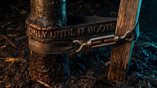 A young tree strapped to a support post with the text 'ONLY UNTIL IT ROOTS', symbolizing temporary guidance, strength, and nurturing independence.