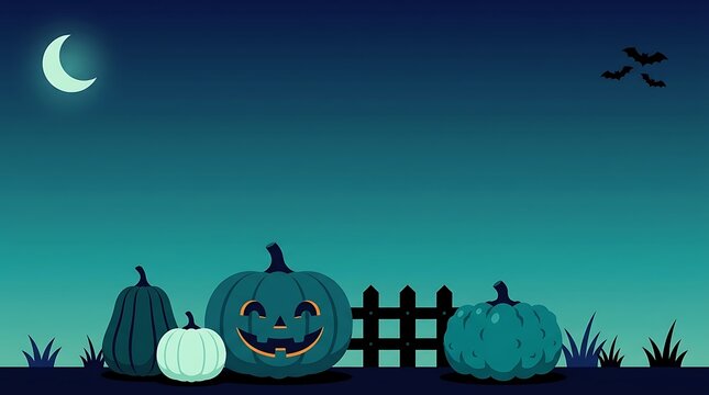 Spooky halloween night scene with smiling carved pumpkins and fence