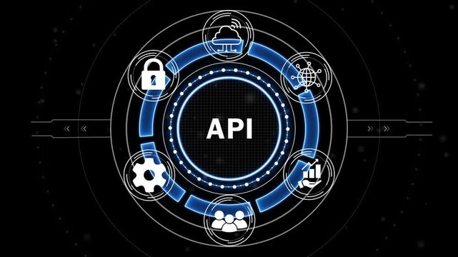 API Digital Technology Concept with Futuristic HUD Interface, Application Programming Interface, Data Integration, Cloud Connectivity and Connected Systems.