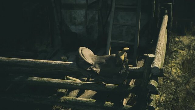 Tranquil countryside landscape with aged fence and saddle shadows. Peaceful rural scene featuring weathered fencing and leather saddle near barn edge