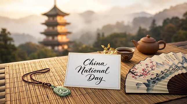 Chinese National Day China National Day celebration with tea set and fan against misty mountain pagoda backdrop teapot teacup