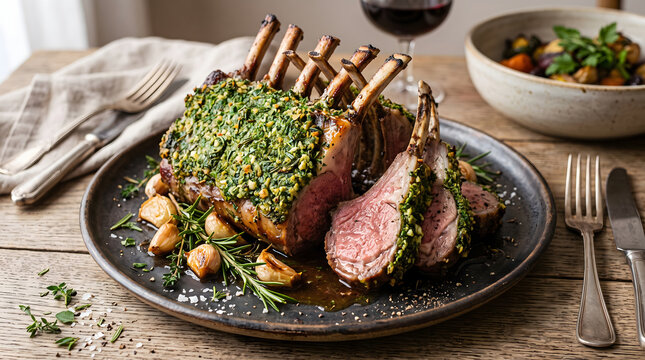 Roasted rack of lamb with herb crust on a rustic plate for a gourmet dinner