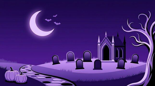 Purple halloween cemetery vector scene with crescent moon and crypt