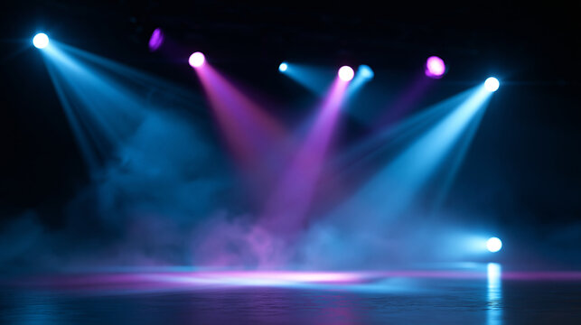 bright stage studio background with blue and purple glowing spotlights, soft smoke on the street floor, abstract futuristic background for concert, sports arena, product display,