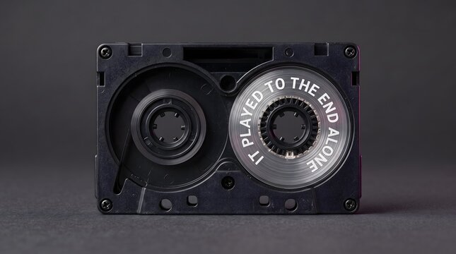 A black audio cassette tape with text reading 'IT PLAYED TO THE END ALONE' symbolizing solitude, nostalgia, and silent persistence through time.