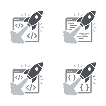 Rocket launch icons for coding, startups, and web speed.