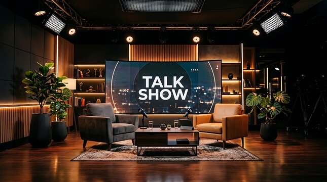 Modern talk show studio stage with comfortable armchairs and a digital screen background for professional interviews