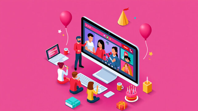 isometric illustration of friends celebrating a virtual birthday party via video call around a large computer desktop on a bright background, online party concept, technology,