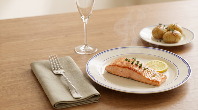Grilled salmon fillet with lemon and potatoes on a dining table  