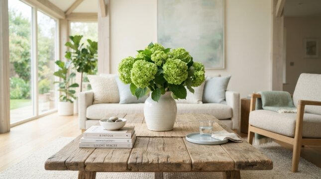 Cozy living room with fresh green hydrangeas on a rustic wooden coffee table