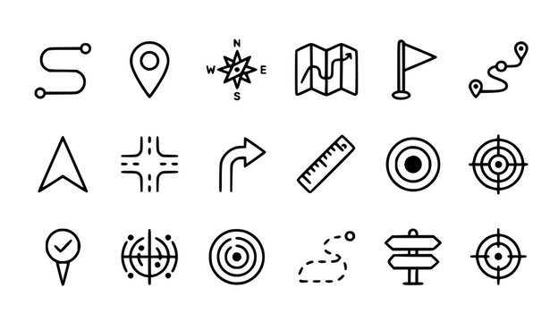 GPS route planning and direction line icons with map waypoint destination compass and navigation vector symbols