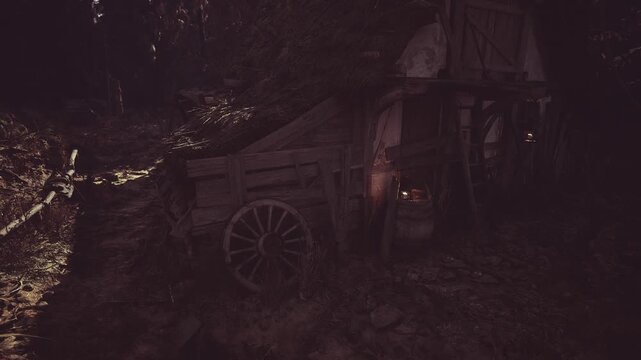 Weathered wagon wheel resting in tall weeds, wooden spokes and metal rim marked by time, autumnal tones and textured wood grain, pastoral relic of farming past