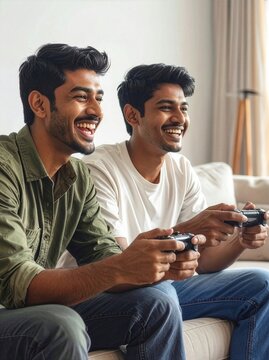 Happy Young Men Playing Video Games and Laughing on a Couch
